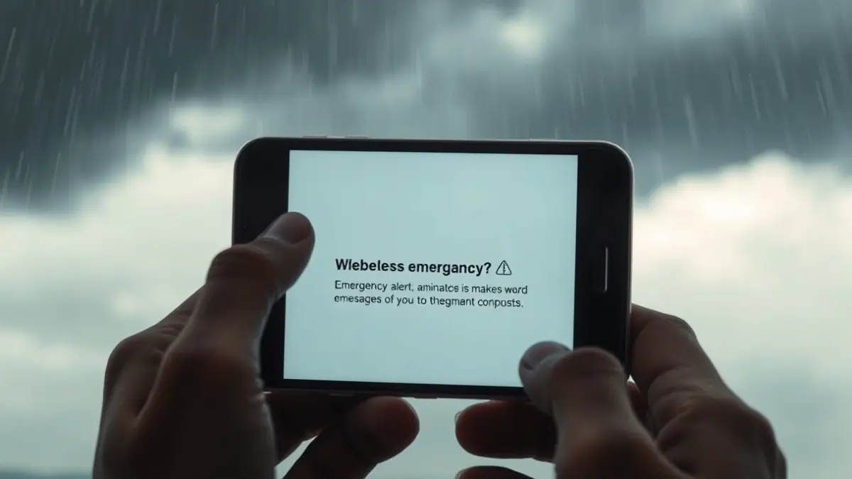Imatge genèrica d'un telèfon mòbil mostrant una alerta d'emergència amb un fons de tempesta.
