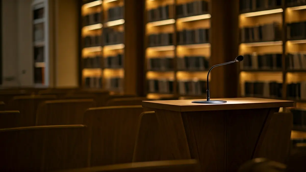 Imagen genérica de una sala de presentaciones o biblioteca con un atril y sillas vacías.