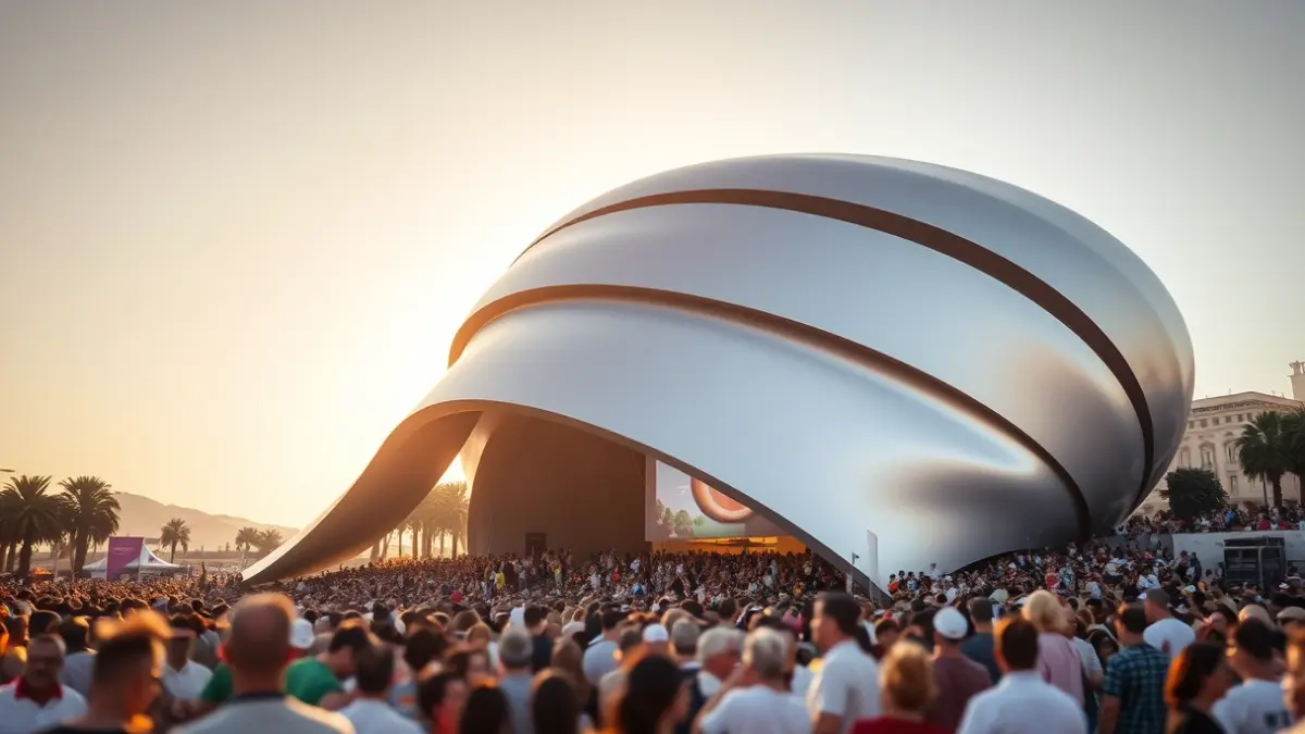Imagen de la Ciudad de las Artes y las Ciencias de Valencia con gente asistiendo a un evento cultural.