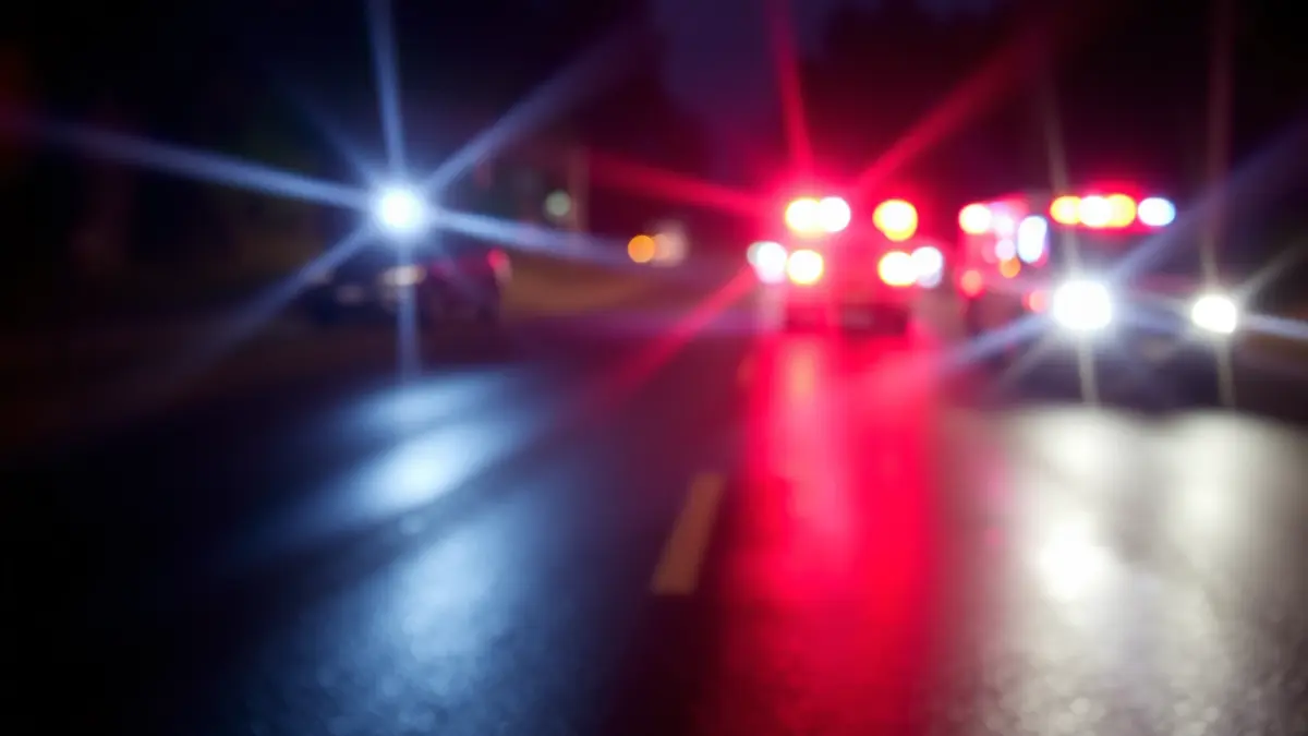 Generic image of emergency lights reflecting on wet asphalt at night, suggesting a disaster or emergency scene.