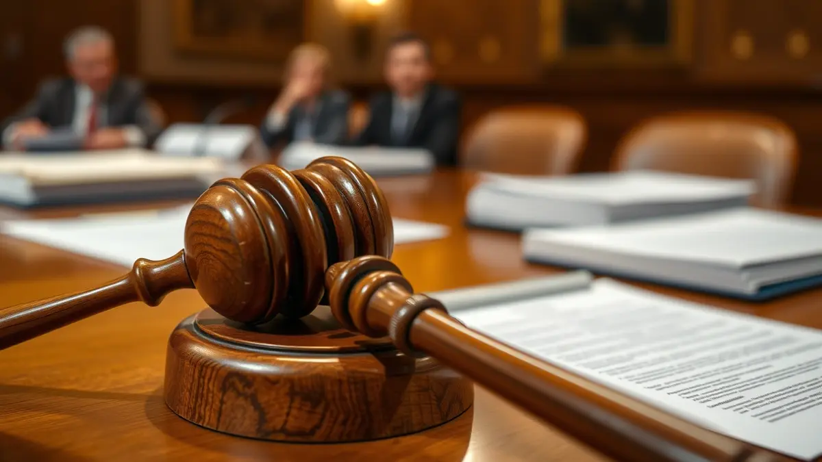 Generic image of a judge's gavel on a table in a meeting room.