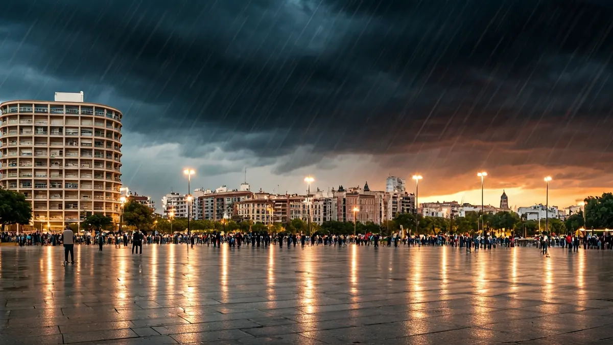 Image of a city under a storm with rain and Saharan dust.