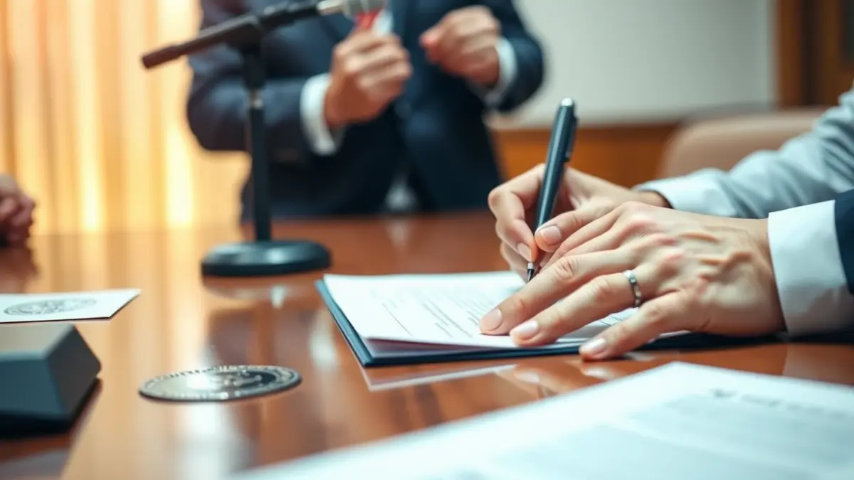 Imatge genèrica d'unes mans signant un document en una taula de fusta, amb segells oficials i un micròfon desenfocats al fons.