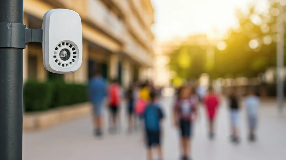 Imagen de un sensor de calidad del aire cerca de una escuela en una ciudad mediterránea.