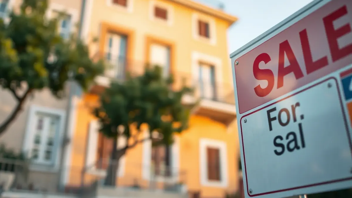 Imagen genérica de un cartel de 'se vende' frente a un edificio residencial, simbolizando la crisis de la vivienda.