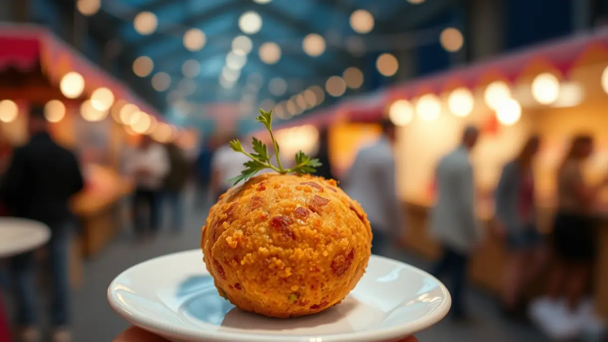 Generic image of a golden croquette on a white plate, with a blurred background of a food festival.