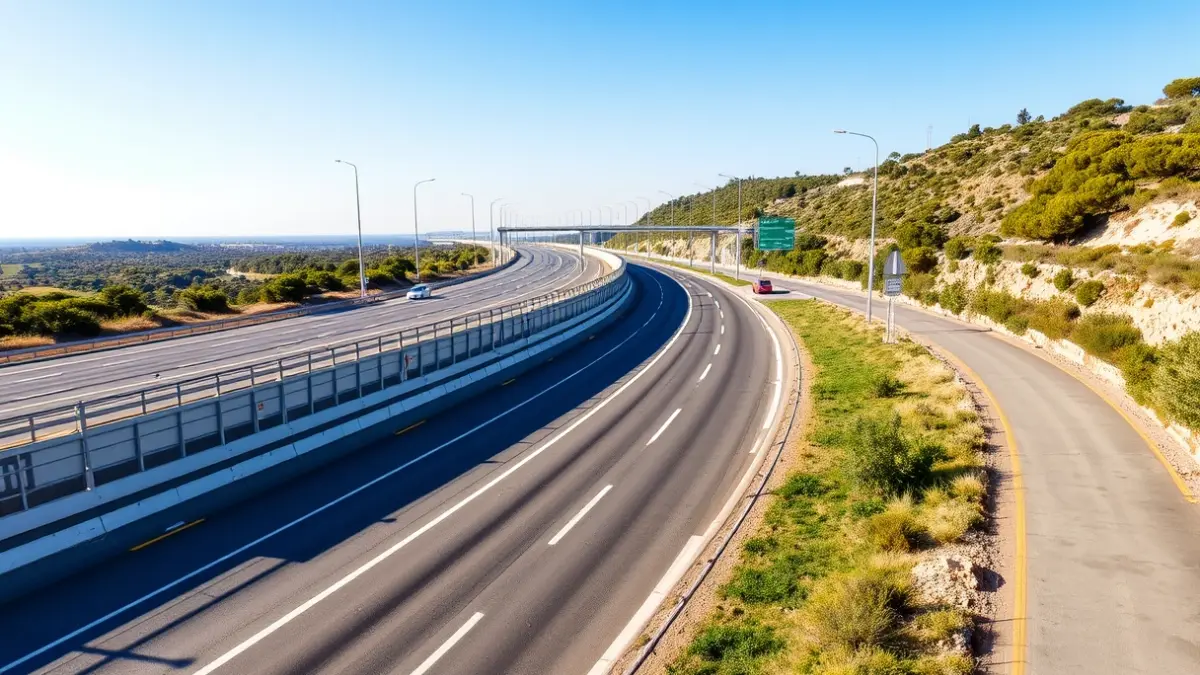 Imatge genèrica d'una carretera desdoblada amb carril bici i vegetació mediterrània.