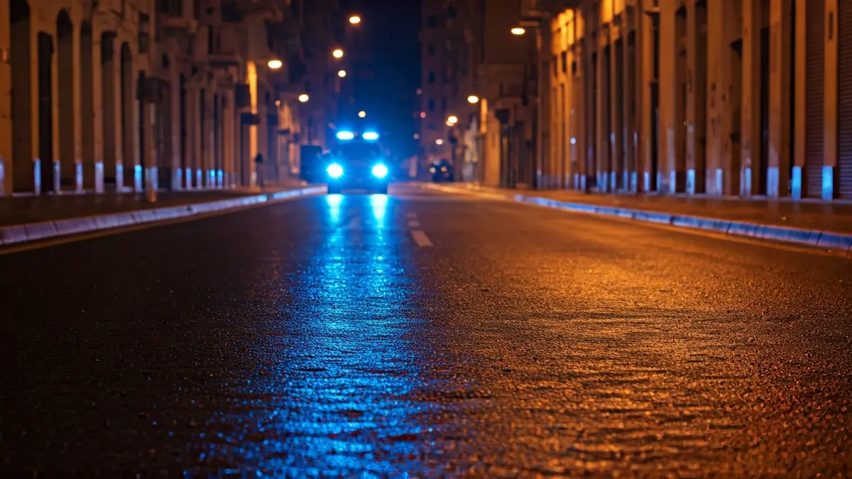 Imatge genèrica de llums d'emergència reflectint-se en asfalt banyat de nit, sense vehicles visibles.
