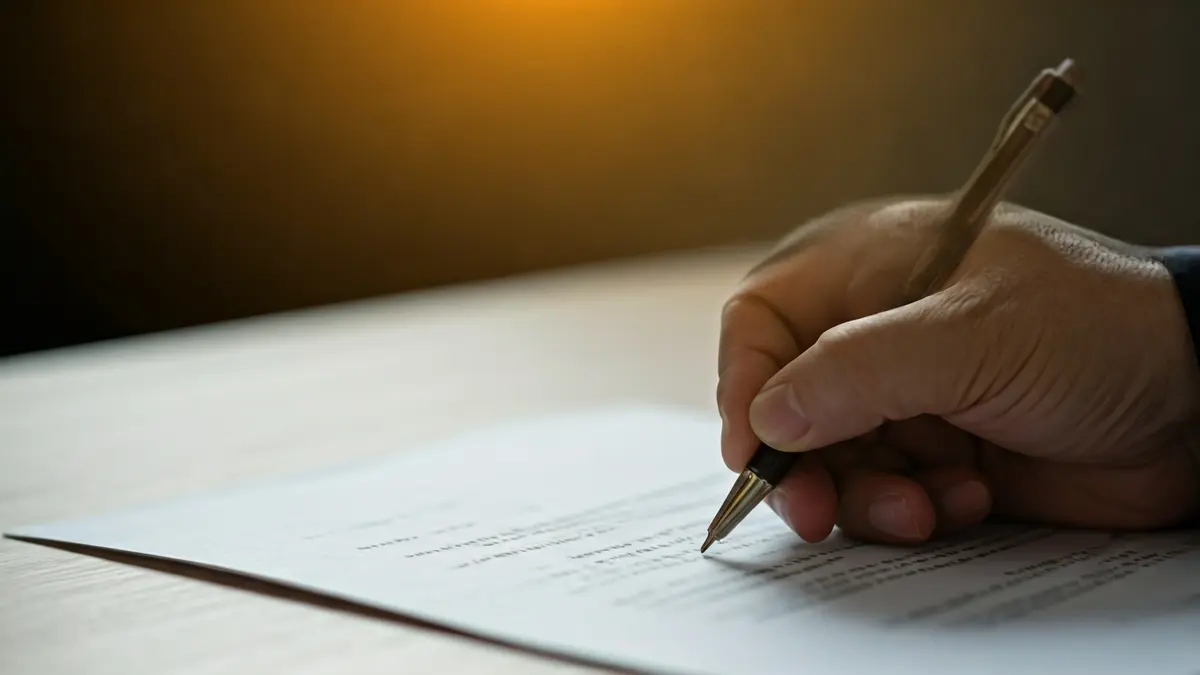 Generic image of a hand with a pen over a document, symbolizing administrative management and fund allocation.