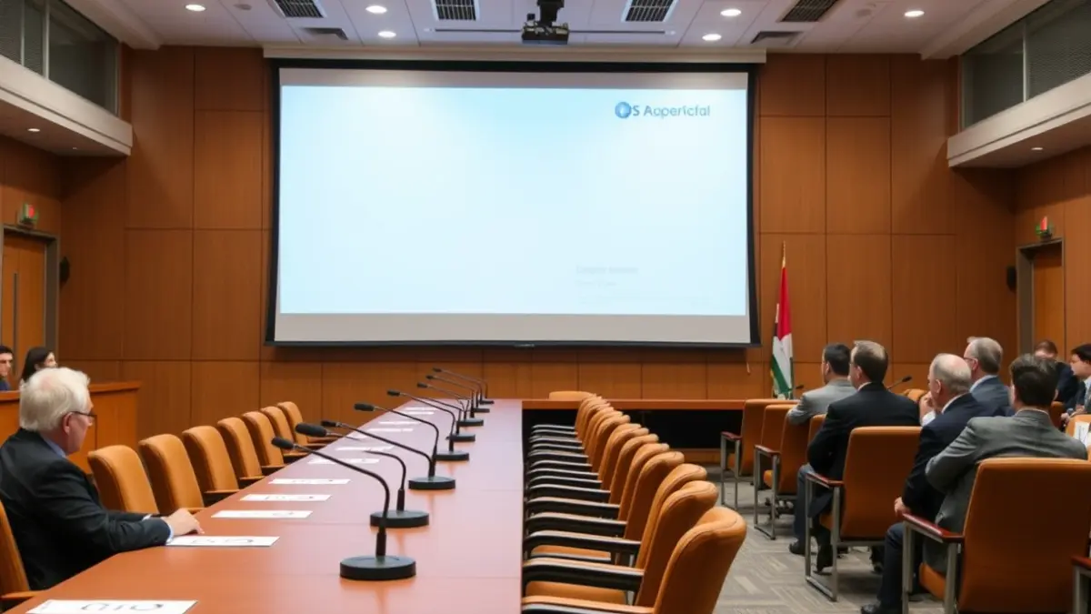 Imatge genèrica d'una sala de conferències amb una taula llarga i cadires, amb micròfons, que representa una cimera o reunió municipal.