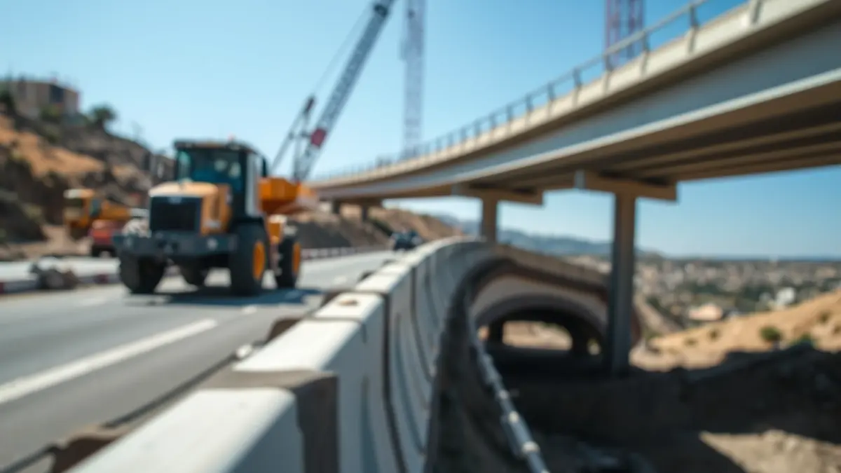 Imagen genérica de obras en una carretera, con maquinaria pesada y barreras de seguridad.