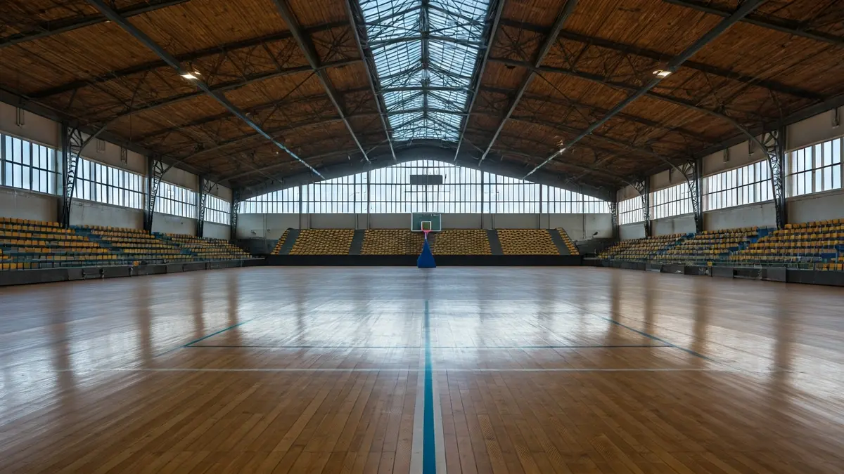 Image of the interior of a sports hall with a basketball court and empty stands.