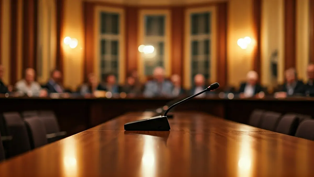 Imagen genérica de una sala de reuniones institucional con una mesa y micrófonos.