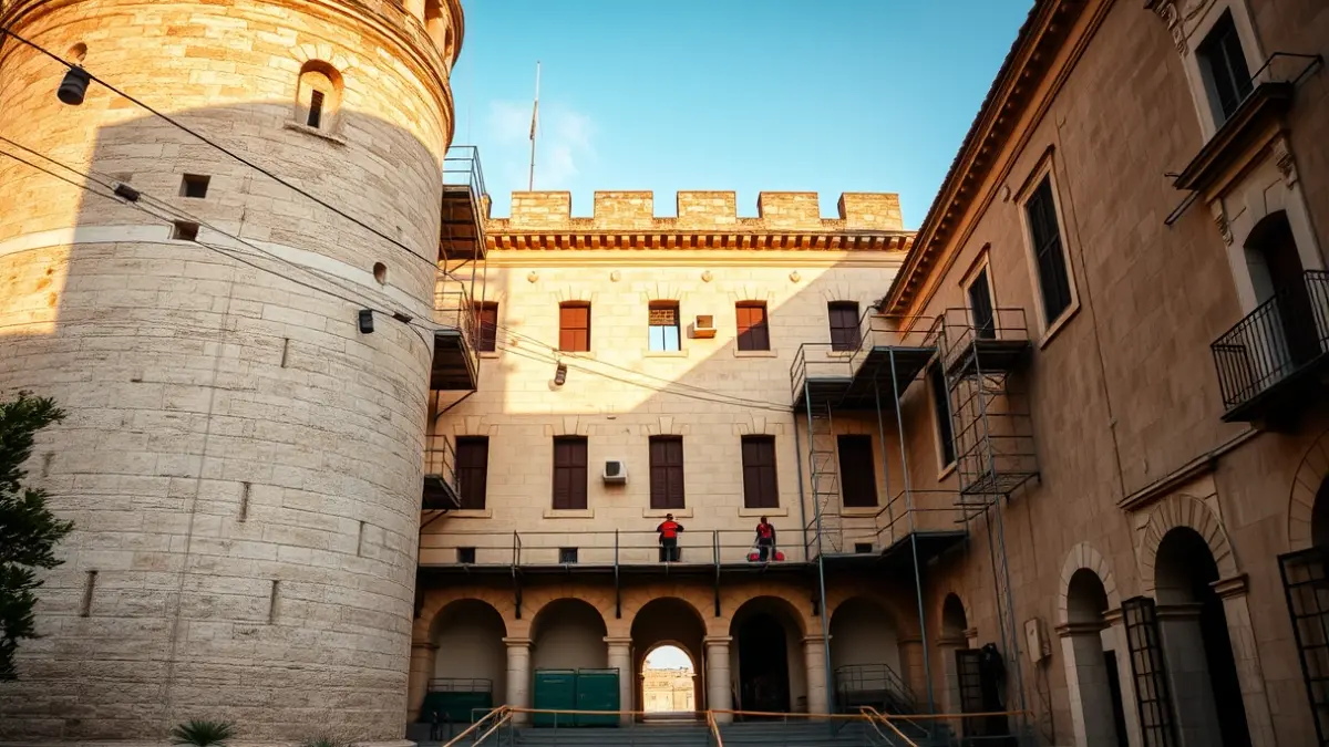 Imatge d'una torre o palau antic en restauració, amb bastides i obrers, sota la llum del sol de la vesprada.