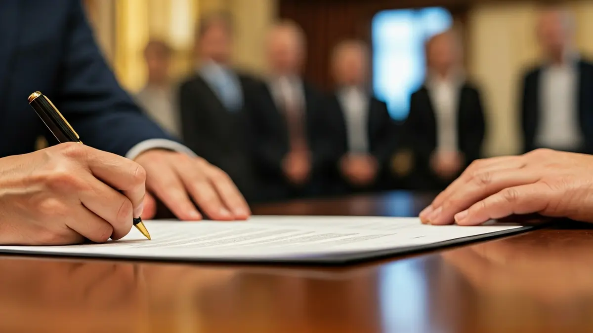 Imatge genèrica de mans signant documents oficials en un despatx.