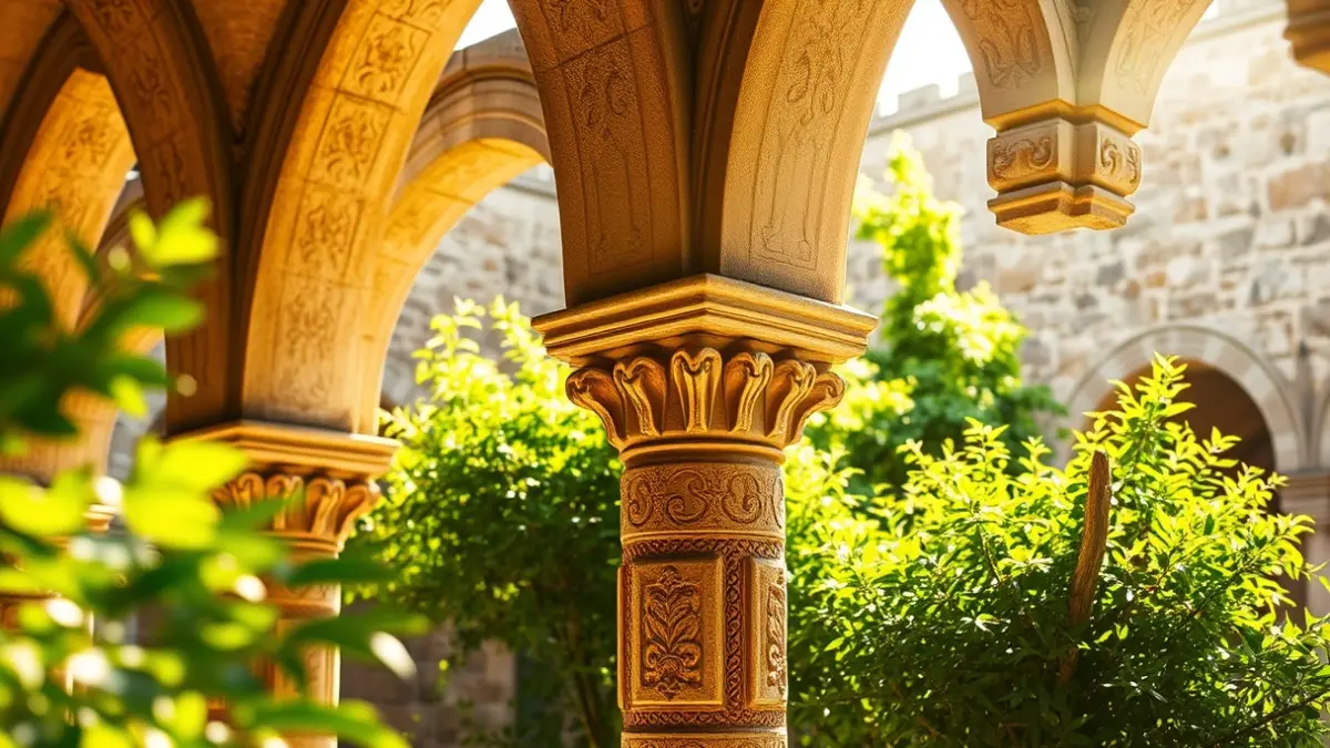 Imagen del claustro del antiguo convento de las Carmelitas de Beniparrell, con arcos de piedra y vegetación.