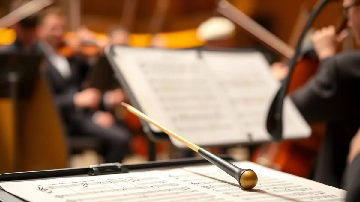 Generic image of a conductor's baton resting on a music stand with sheet music, with blurred orchestral instruments in the background.