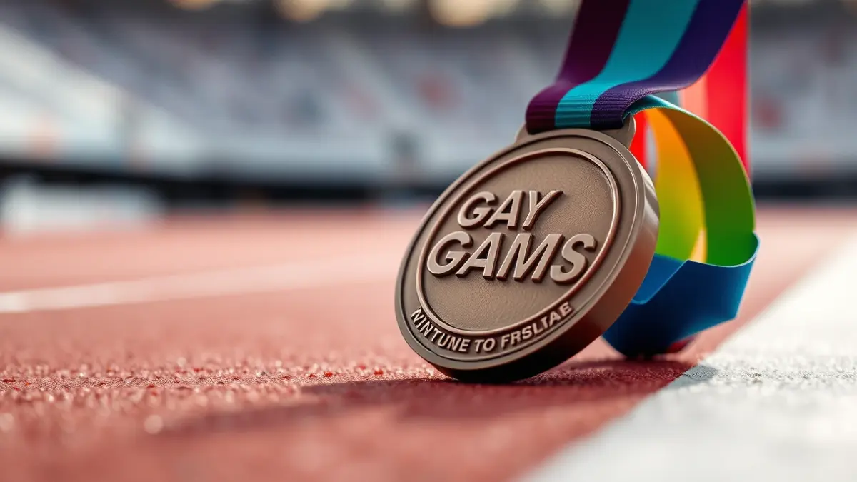 Generic image of a sports medal with a rainbow ribbon, on a blurred athletic track, symbolizing the Gay Games.