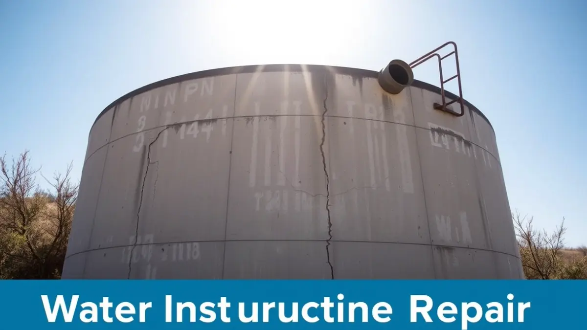 Image of a concrete water tank with cracks, in a dry Mediterranean environment, symbolizing water infrastructure repair.