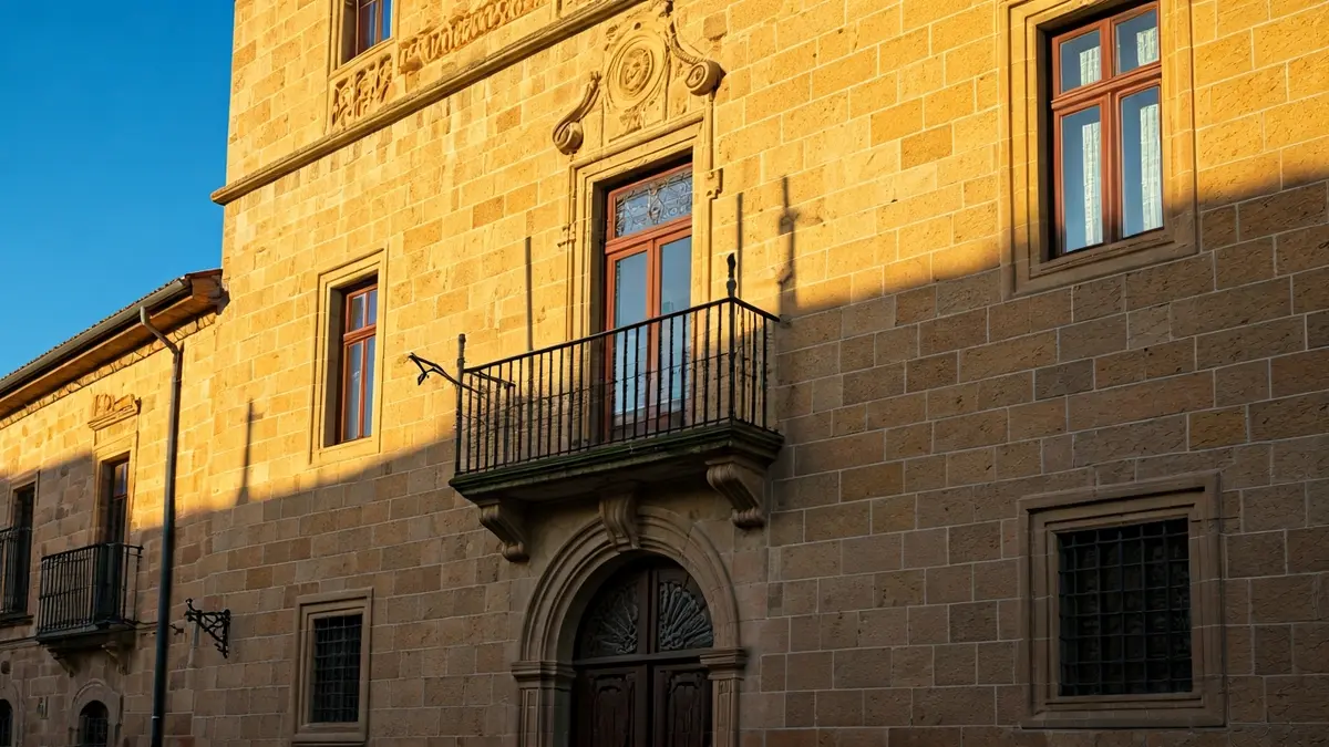 Facade of Xàtiva town hall with wrought iron balconies and warm sunlight.
