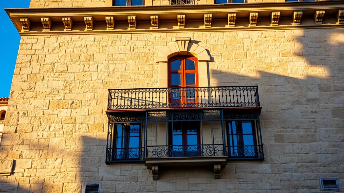 Fachada del Palacio de los Condes de Orbe y Piniés de Quartell, con balcones y barandillas de hierro forjado, bañada por el sol de la tarde.