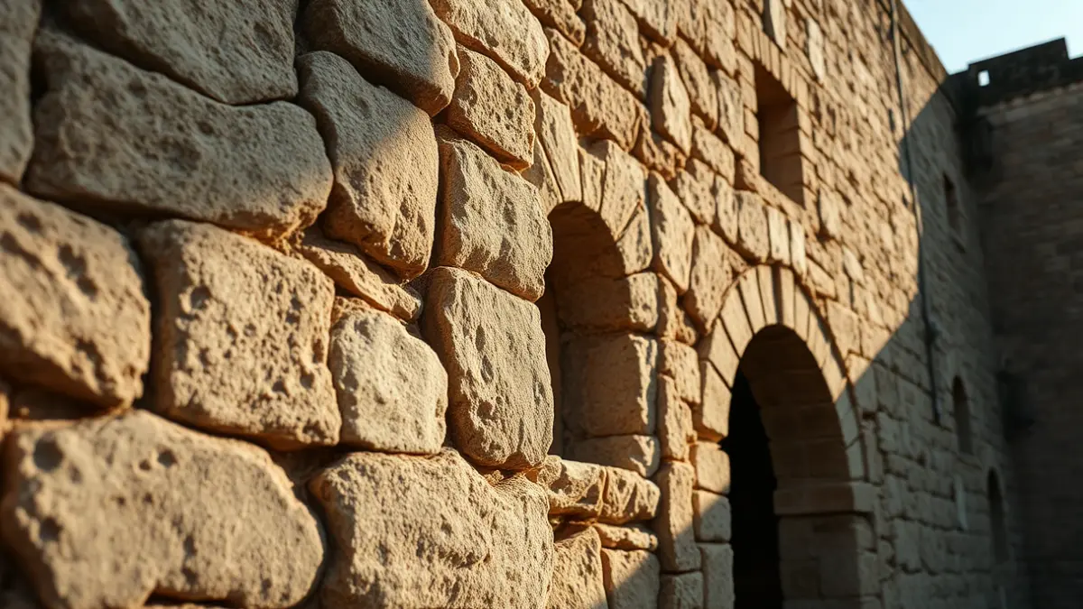 Imatge d'arquitectura antiga, com un castell o convent, amb detalls de pedra i textures erosionades, il·luminada per la llum del sol de la vesprada.