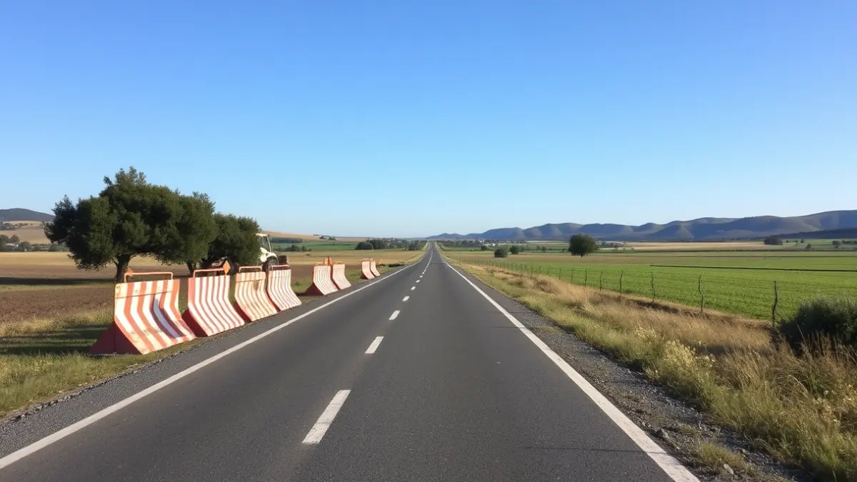 Imatge d'unes obres en una carretera rural valenciana, amb maquinària i barreres de construcció.