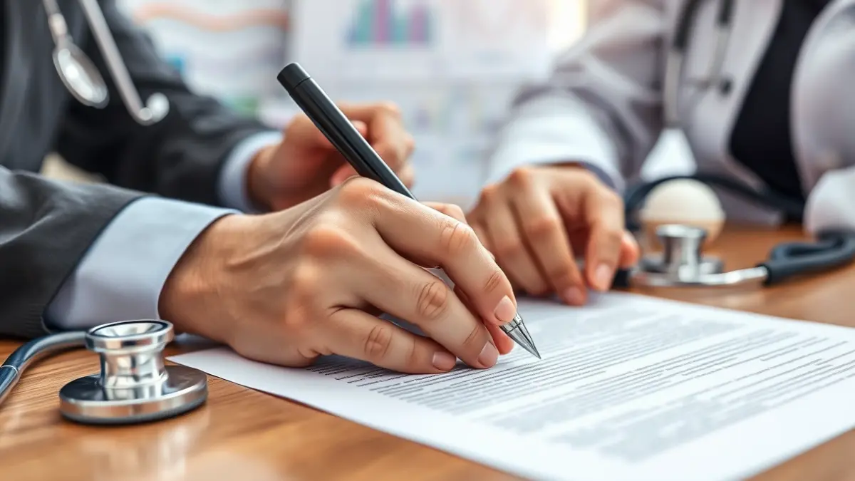 Generic image of hands signing a document on a desk, with blurred medical charts in the background.