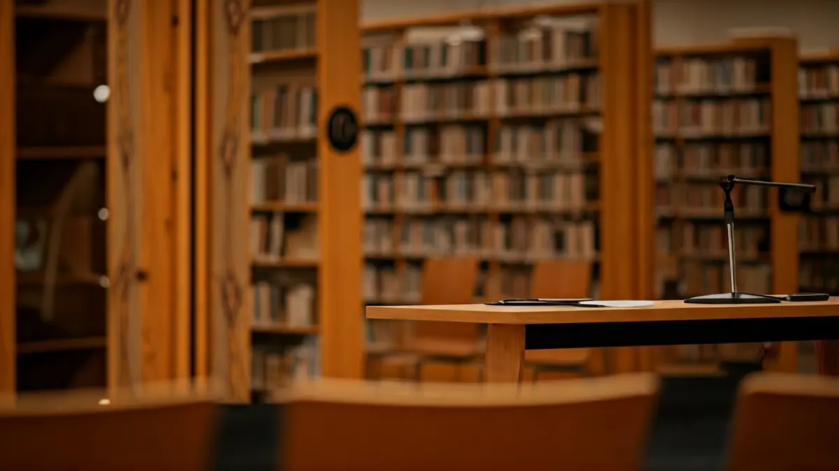 Image of a library interior with wooden bookshelves and a microphone on a podium.