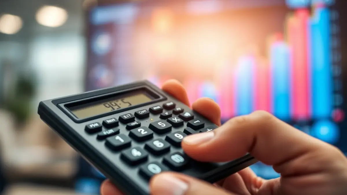 Generic image of a hand holding a calculator with blurred economic charts in the background, representing economic growth.