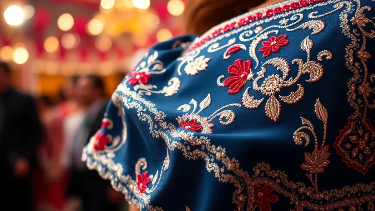 Imagen genérica de la tela de un vestido de fallera con bordados y lentejuelas, representando la cultura valenciana.