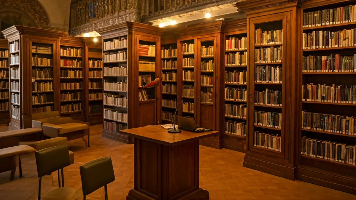 Imagen genérica de una sala de proyección o conferencias con un micrófono y sillas vacías.