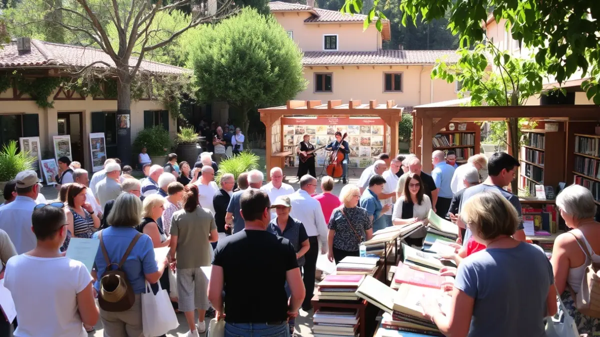 Imatge d'una fira del llibre en un jardí, amb gent mirant llibres i un escenari amb música.
