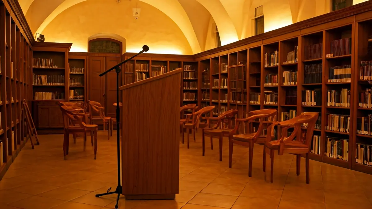 Generic image of a library interior with wooden bookshelves and a podium with a microphone.