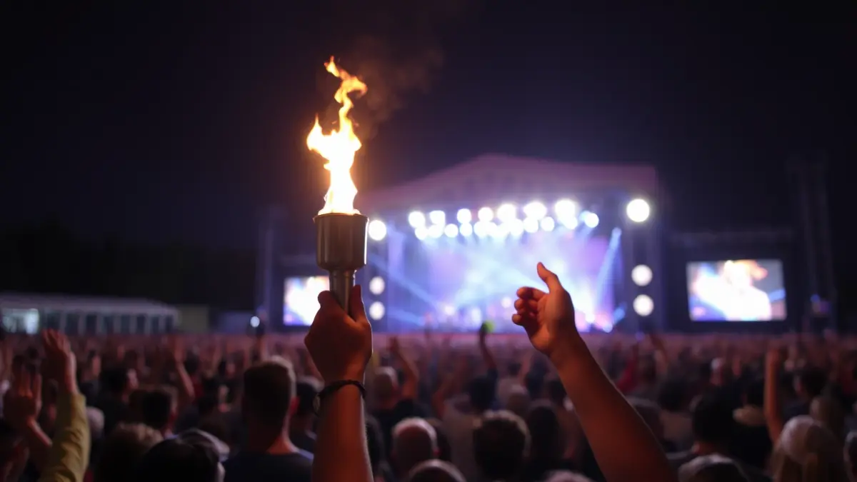 Imagen de una llama simbólica alzada por manos entre una multitud en un concierto nocturno.