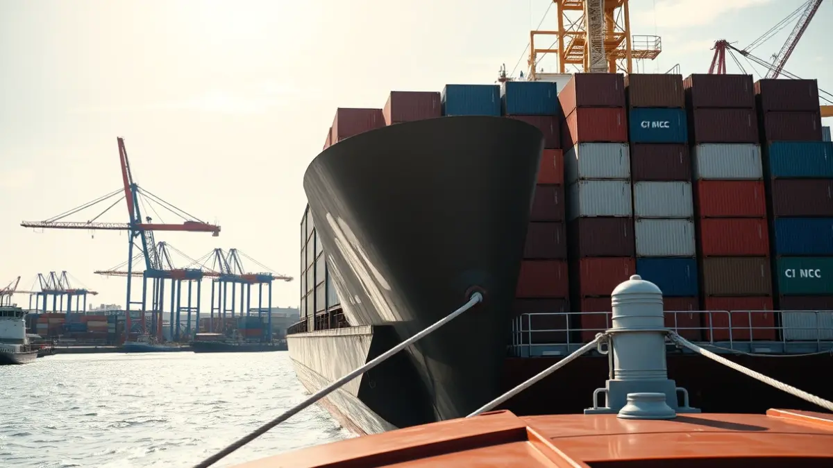 Imatge genèrica d'un vaixell de càrrega en un port modern, amb contenidors i grues.