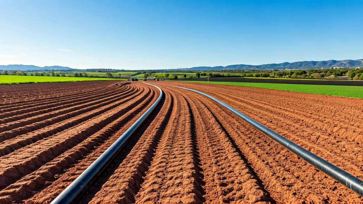 Generic image of irrigation pipes in a field, symbolizing water management.