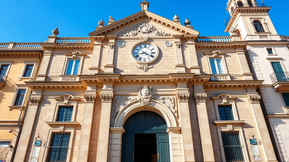 Façana de l'antic edifici de Correus en una ciutat mediterrània.