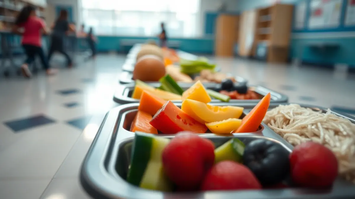 Imatge genèrica d'un menú escolar saludable amb fruites i verdures fresques en una safata de menjador.