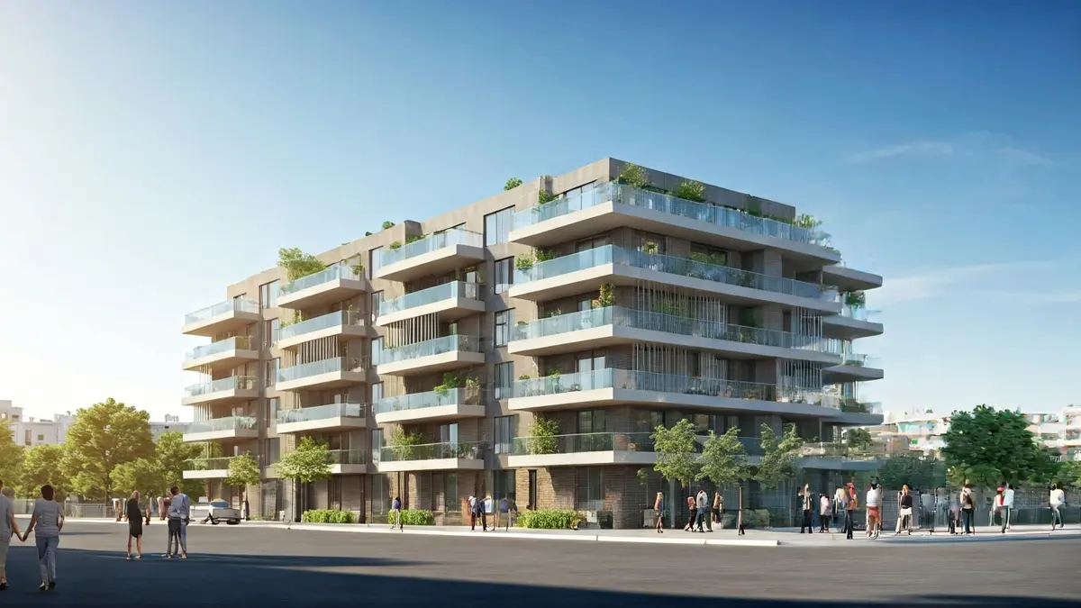 Image of a newly constructed residential building with balconies and blue sky.