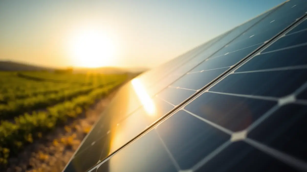 Imagen genérica de paneles solares en un campo, reflejando la luz del sol.