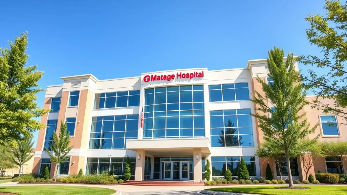 Imatge de la façana d'un hospital modern amb grans finestres i un cel blau clar.