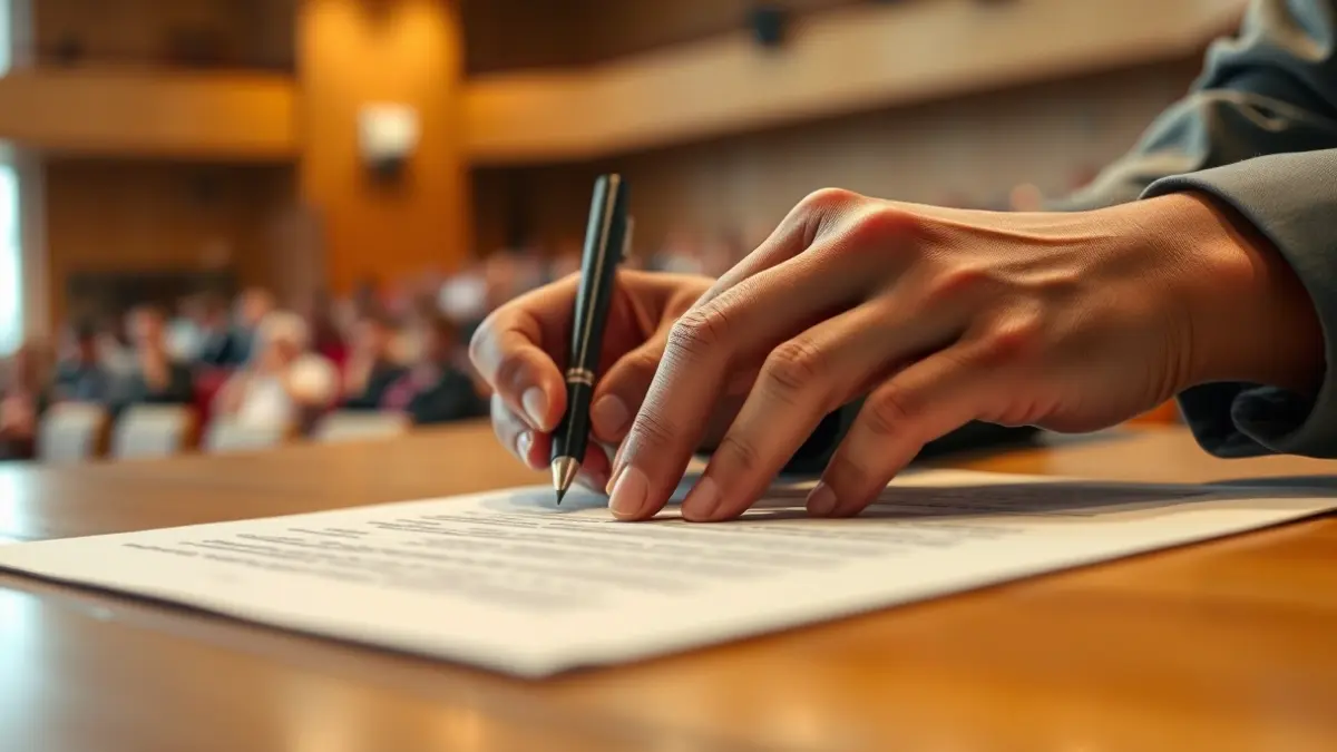 Generic image of hands signing a document at an official event.
