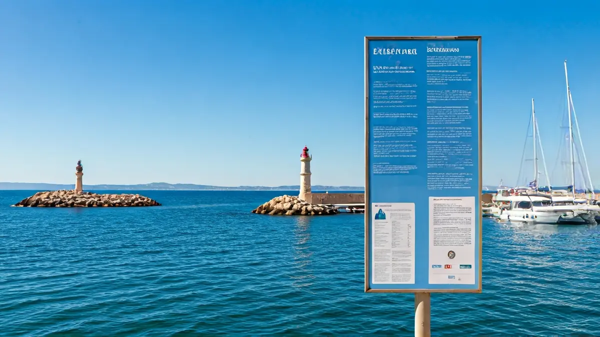 Imatge d'un gran cartell informatiu prop d'un far a la badia de Torrevieja.