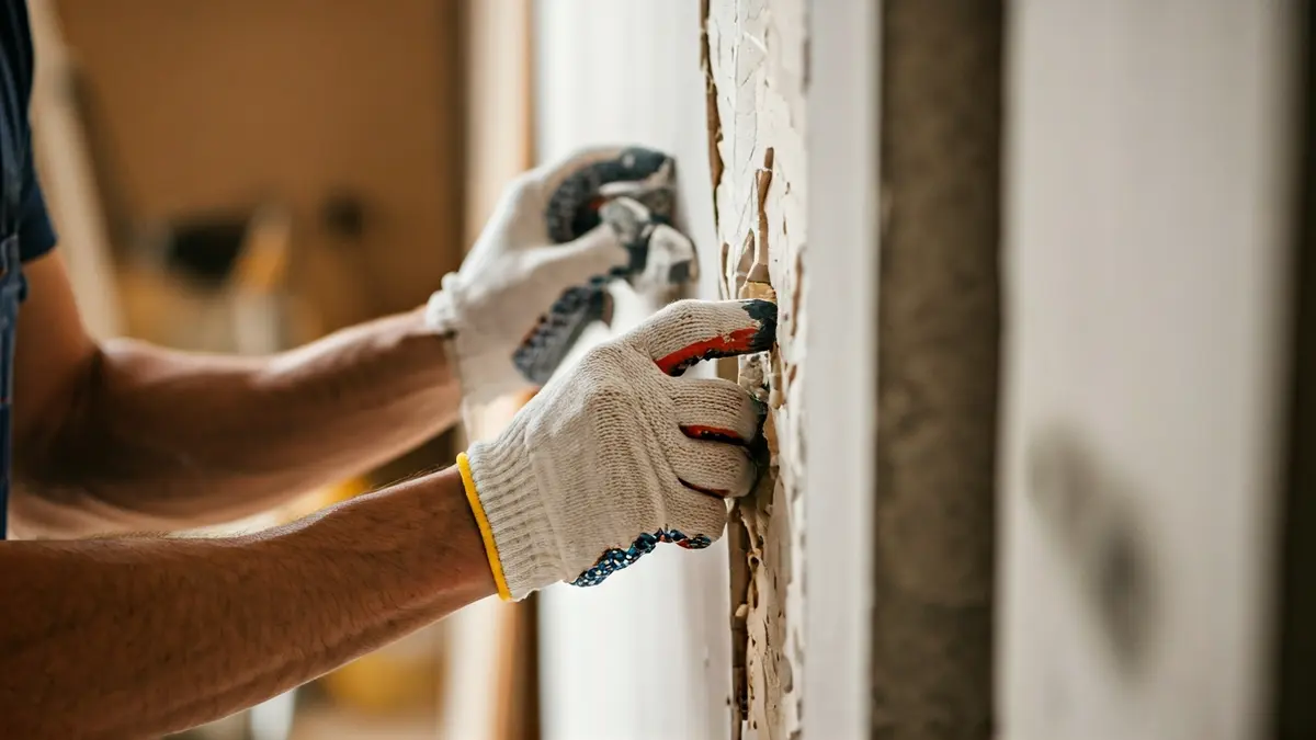 Generic image of a worker's hands repairing a wall in a residential building.
