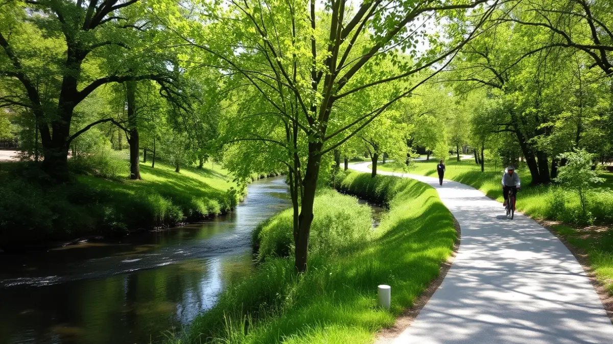 Generic image of a pedestrian and cycling path in a natural park, with lush vegetation and a river in the background.