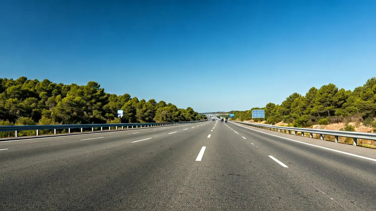 Imatge genèrica d'una carretera moderna en un paisatge mediterrani, amb cotxes borrosos i cel blau.