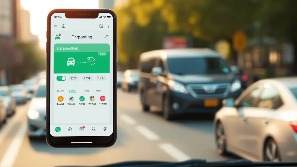 Generic image of a smartphone displaying a carpooling application, with blurred city traffic in the background.