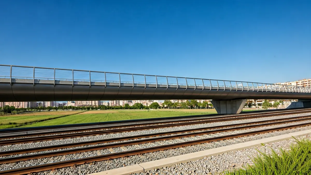 Imagen de una pasarela ciclopeatonal metálica sobre las vías del metro, con campos verdes y edificios al fondo.
