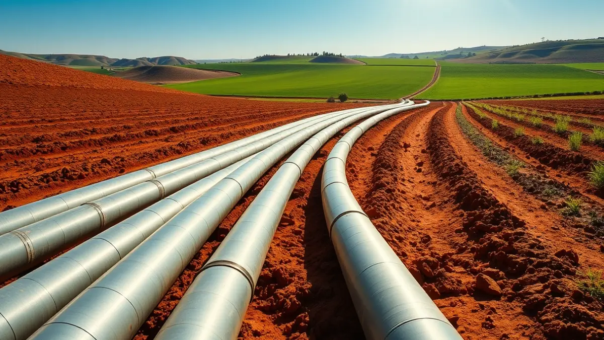 Imagen genérica de tuberías de riego en un campo, simbolizando la gestión del agua y la resiliencia.